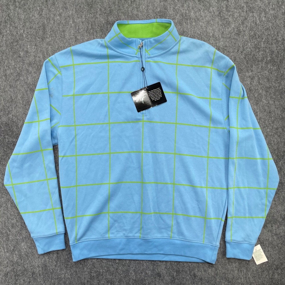 Alan Flusser Pullover Mens Large Golf Performance 1/4 Zip Blue Windowpane New